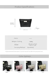 Detailed view of large capacity makeup bags in four shiny metallic colors and size chart