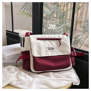 Detail of color-block canvas messenger bag with adjustable buckle and woven fashion label