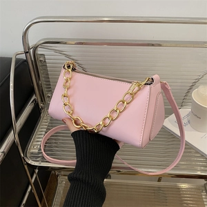 Pink minimalist baguette handbag with chunky gold chain for women casual daily use