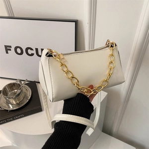 White minimalist chain handbag with gold handle and long strap for women commute