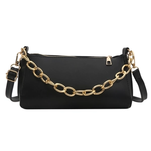 Fashionable black PU leather baguette bag with golden chain and adjustable shoulder strap