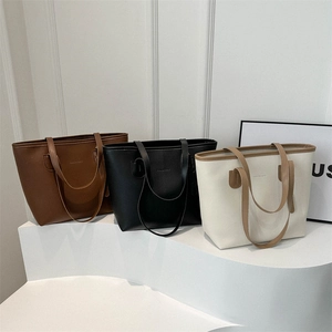 Women Fashion PU Leather Large Capacity Tote Bag Casual Shoulder Underarm Bag Simple Commuter Handbag Solid Color Purse