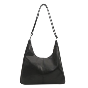 Minimalist black faux leather tote bag with adjustable strap and vertical stitching detail