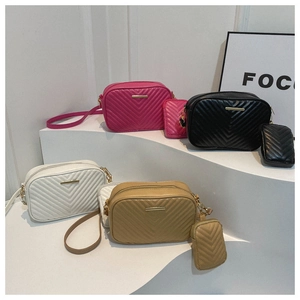 Quilted crossbody camera bags in rose, black, white, and khaki with matching pouches