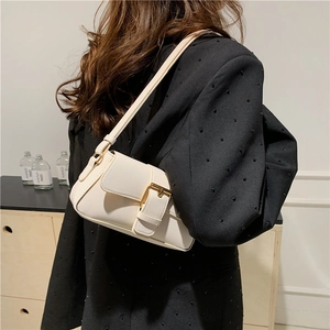 Chic cream white baguette shoulder bag for women with gold buckle and smooth PU leather