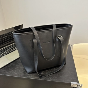 Minimalist black PU leather tote bag with FASHION&BAG print for office and daily commute