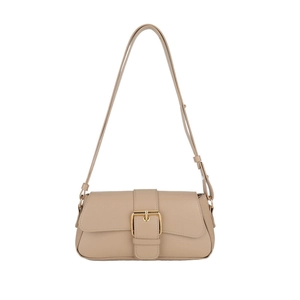 Beige rectangular baguette bag with a large gold buckle and adjustable shoulder strap
