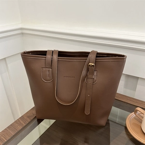 Classic brown PU leather tote bag with Fashion & Bag logo and adjustable handle for women