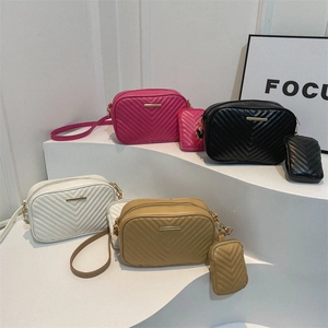 Minimalist V-quilted faux leather crossbody bag set with detachable pouch and gold hardware
