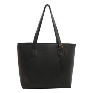 Minimalist black faux leather tote bag with gold metal buckle and embossed lettering