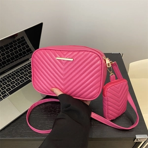 Chic rose pink square crossbody bag set with V-shaped quilting and a small round pouch