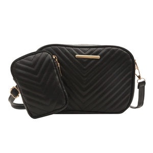 Quilted black PU leather crossbody camera bag set with matching small zipper coin purse