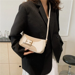 Chic two-tone cream and khaki faux leather crossbody bag with gold buckle decoration
