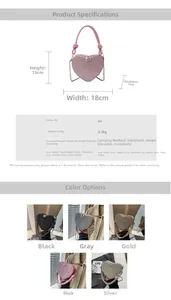 Detailed chart showing pink heart-shaped sequin mini bag dimensions and color options
