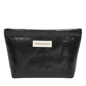 Large black makeup bag with glossy texture and Fashion Bag label for women