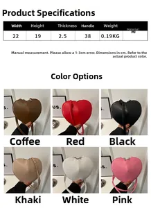 Detailed chart showing heart-shaped PU leather bag dimensions and six available colors