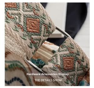 Close-up of geometric woven shoulder strap with metallic D-ring and zipper detail