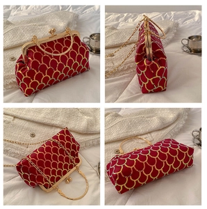 Detailed views of the red sequin evening clutch with golden chain and metal handle
