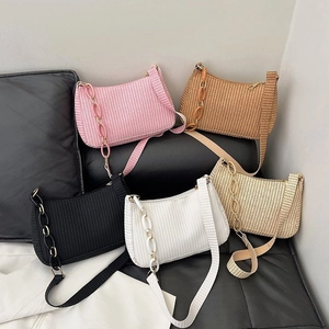 Women Retro Woven Shoulder Bag Simple Casual Underarm Bag Crescent Bag With Chain Decoration Fashion Commuter Handbag For Women