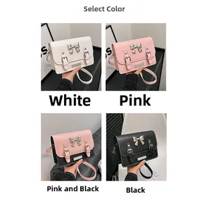 Detail showing retro bow crossbody bags in white, pink, black, and bicolor options