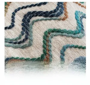 Macro shot of embroidered wave pattern on beige textured fabric for women tote bag