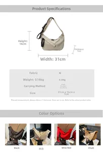 Detailed size chart and dimensions of the minimalist nylon crescent crossbody bag