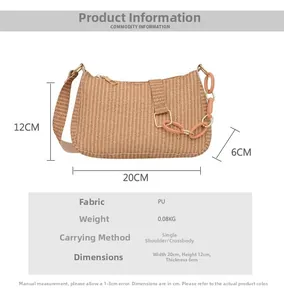 Detail view of woven PU crescent bag with dimensions 20x12x6cm and a decorative chain