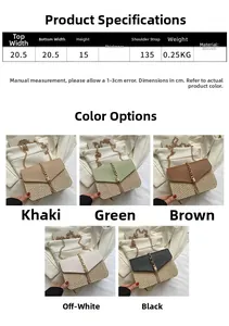 Detailed size specifications for a woven crossbody bag with colorful tassels and chain strap