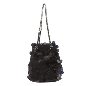 Chic black sequin bucket bag with silver metal chain strap and shimmering textures