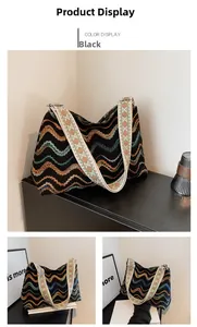 Detail view of large knit tote bag with colorful wave patterns and vintage wide strap