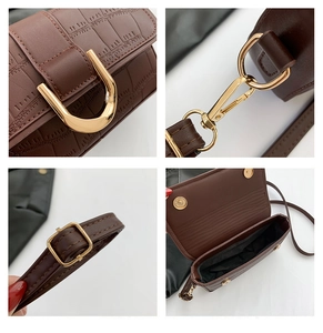 Detail shots of dark brown croc-effect bag with gold hardware and magnetic closure