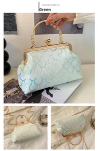 Macro shot of shimmering green sequin patterns and elegant gold metal frame on evening bag