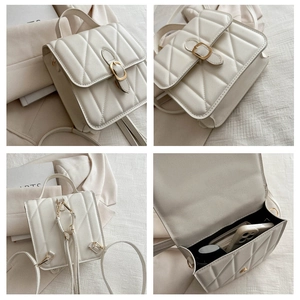 Collage of white quilted leather backpack showing interior storage and gold metal buckle