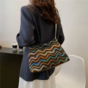 Women's chic wave pattern woven tote bag with retro shoulder strap for daily casual use