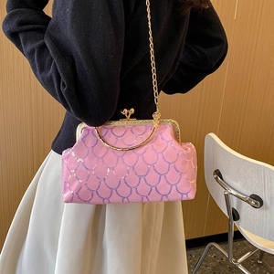 Sparkly pink sequin evening clutch bag with gold chain strap for women in 2024