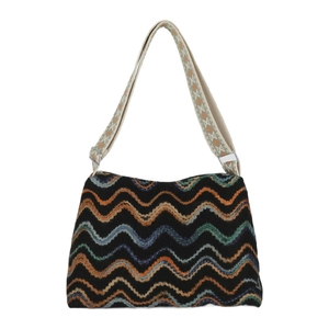 Retro knit tote bag for women with colorful wave patterns and geometric wide shoulder strap