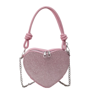 Pink heart-shaped glitter handbag with leather handle and silver metal chain strap