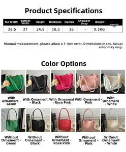 Size chart showing PU tote bag dimensions and five available colors with weights