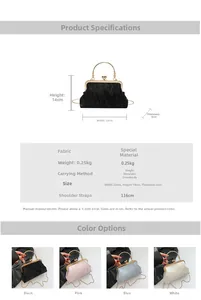 Detail view of stylish pleated handbag showing sizes and four color options with metal chain