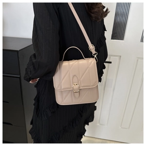 Detailed view of beige quilted handbag with gold clasp on black pleated dress