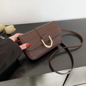 Deep brown faux crocodile leather crossbody bag with elegant golden U-shaped buckle decoration