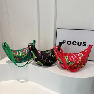 National Style Floral Half Moon Shoulder Bag For Women Oxford Cloth Retro Flower Pattern Crossbody Bag Fashion Hobo Bag