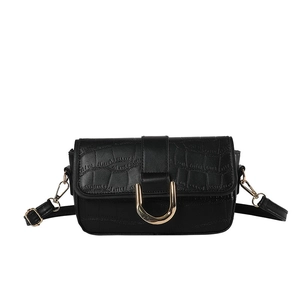 Minimalist black faux crocodile pattern shoulder bag with a gold D-ring metal buckle