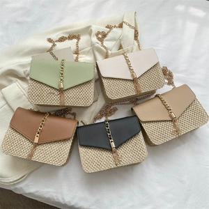 Women Straw Woven Shoulder Bag PU Patchwork Tassel Decor Small Square Box Crossbody Bag Summer Casual Beach Travel Purse