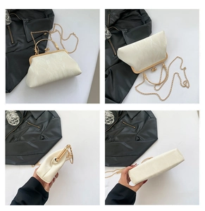 Detailed four-way view of white marble texture evening bag with gold metal frame and chain