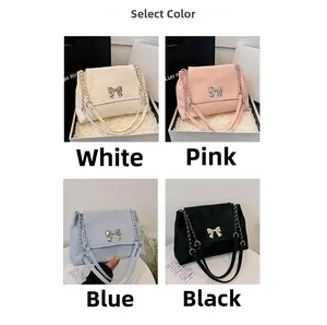 Collection of four textured chain shoulder bags with metallic bow details in soft colors