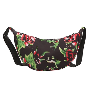 Ethnic style crossbody dumpling bag with red rose pattern and adjustable strap
