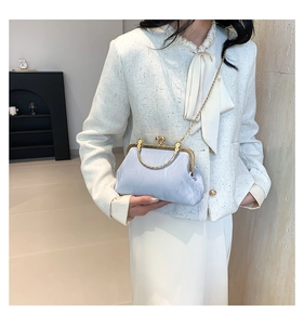Detail of light blue pleated cloud bag with gold hardware and pearl clasp on model
