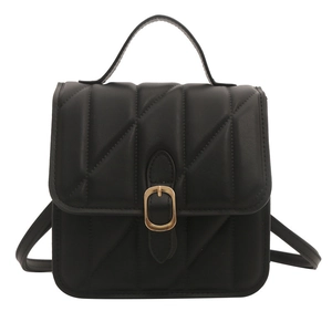 Classic black quilted leather handbag with gold buckle and adjustable shoulder strap