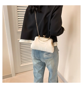 Detailed view of a white satin frame bag with golden metal handle and chain strap